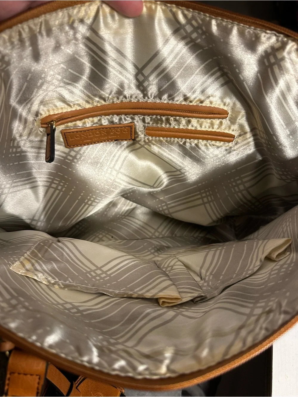 London Fog Cognac Leather Tote with Front Zip Pocket